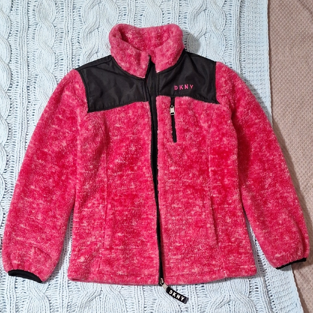 DKNY Pink Fleece Zip-up Jacket Girls Sz L 14/16 Kids